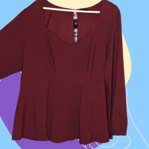 Plus Burgandy Long Sleeve Baby-Doll Blouse